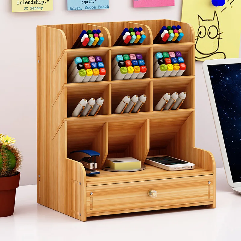 Wooden Desk Organizer Multi Functional DIY Pen Holder Box Desktop Stationary Home Office Supply Desktop Storage