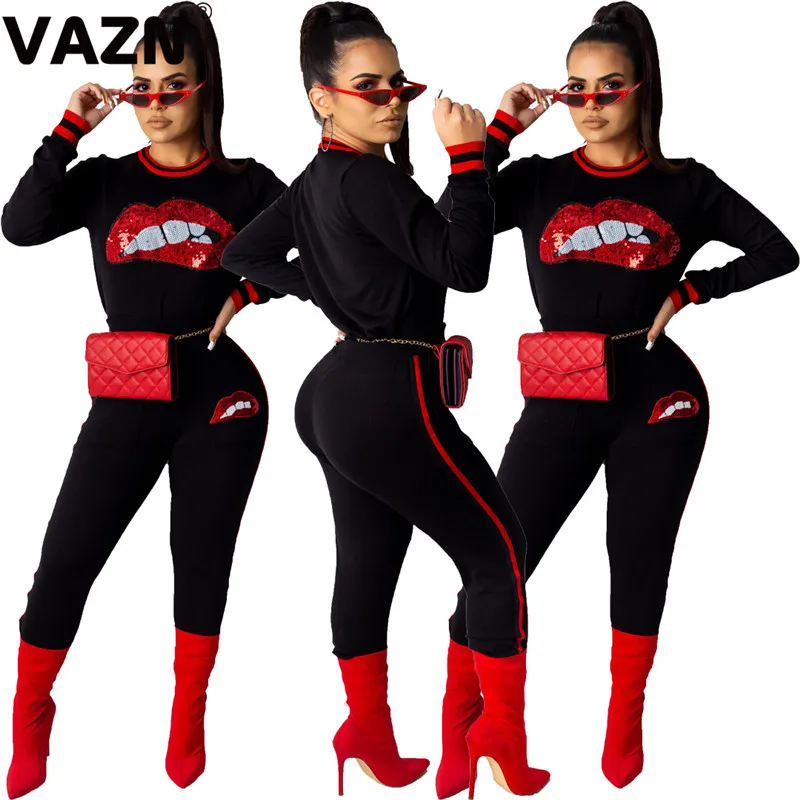 VAZN YS6109 New Untidy Flaring Sequined Casual High Quality Full Sleeve Rip Long Pants Regular Tracksuits Women 2 Piece Set