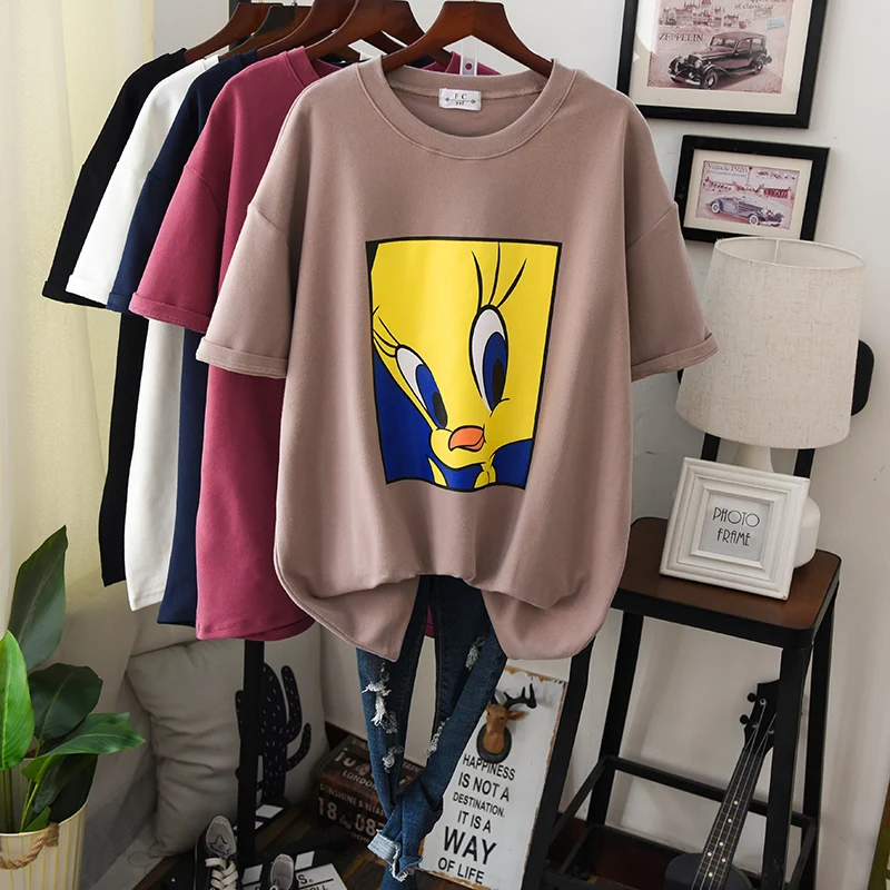 long thick t shirt women winter autumn fashion cartoon cotton hoodie pullovers female warm loose tees tops oversize