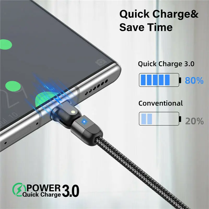 USLION 180 градусов вращения 3A быстрое зарядное устройство кабель Micro USB QC3.0 изменение