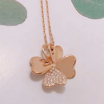 

18K Rose Gold Real Diamond Women Pendant Necklaces Lucky Clover Four-leaf Clove Party Engagement Anniversary Necklaces Birthday