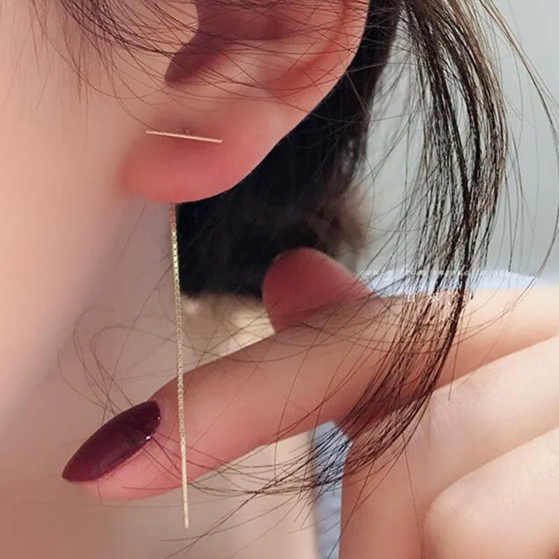 

Top Brand Jewelry Simple Chain Long Ear Line Rose Gold Color Stainless Steel T Shape Dangle Earrings Accessories No Fade