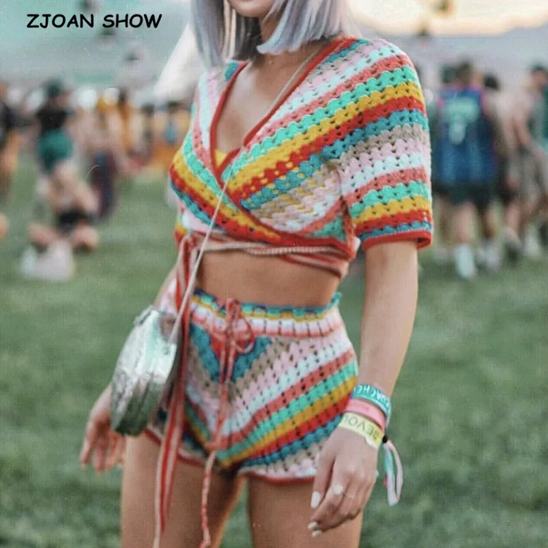 2020 BOHO Lacing up Colored Striped Hand crochet Cardigan Sweater Women Bandage Mini Short Shorts Half Sleeve Tops 2 Pieces Set stickers star sparkle shiny stars kids colored reward bling self adhesive colorful multicolor students sticker mini decal gold