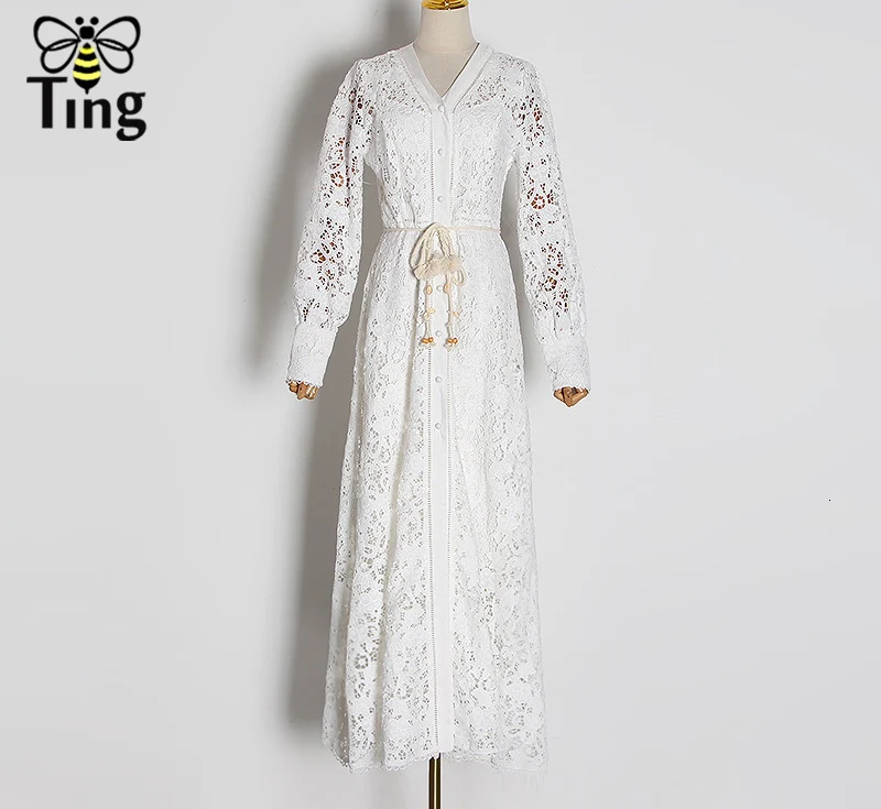 Tingfly весеннее дизайнерское подиумное платье с v-образным вырезом, однобортное длинное платье макси, кружевное платье с вырезами, вечерние платья, vestidos de - Цвет: Белый