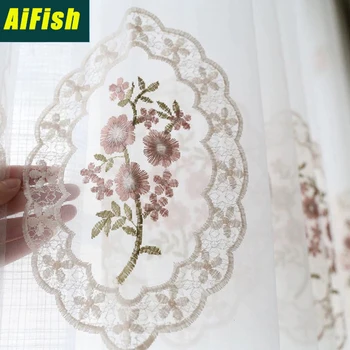 

Bedroom Transparent Minimalist Delicate Transparent Blue Pink Screens Flowers Embroidered Screen Modern Rural Cortinas ZH015-3