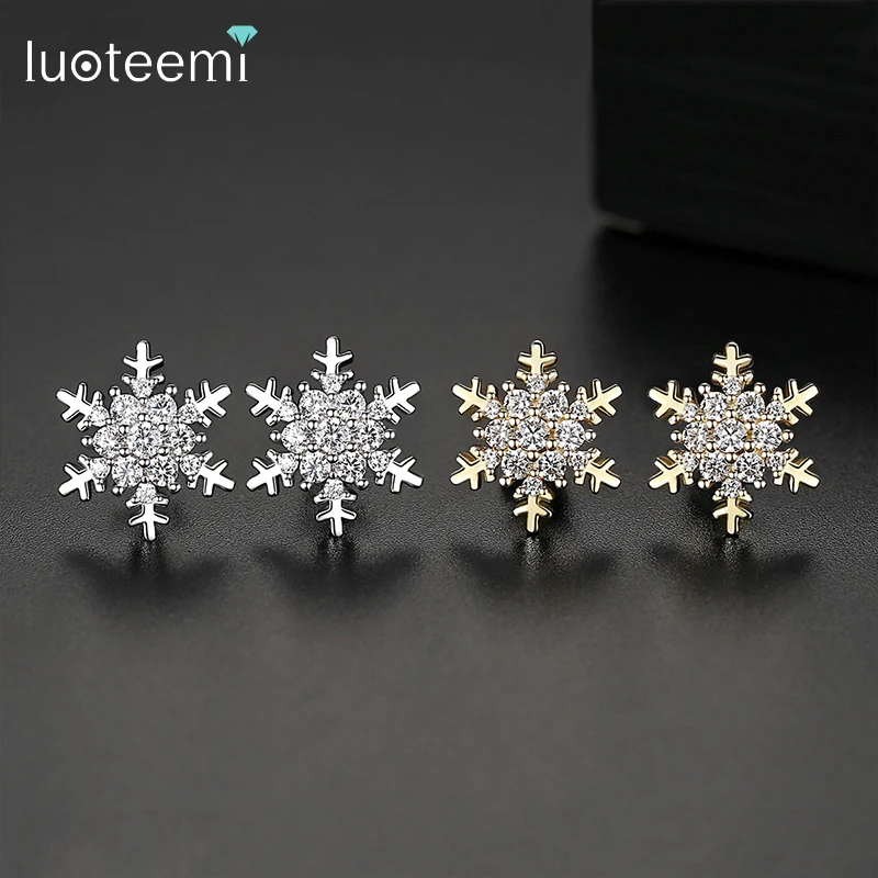 LUOTEEMI Exquisite Small Snowflake CZ Flower Earrings for Women Girls Bridal Wedding Dating Double Color Fashion Jewelry Brincos | Украшения