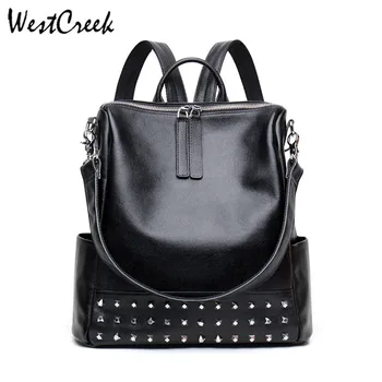 

WESTCREEK Brand Women Genuine Leather Black Backpack Fashion Student Rivet School Bags Female Travel Back Pack Bookbag