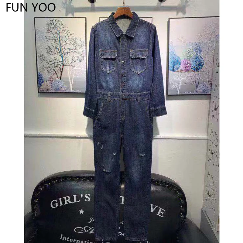 

2019 Woman Cotton Jumpsuits Jeans Ankle length Slim Turn down collar Pockets Casual Chic