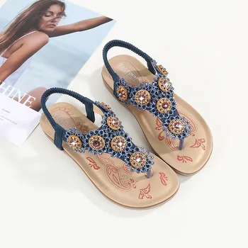 

Female Leisure Fashion Flat Sandals 2019 Summer Flower Rhinestone Gladiator Sandals Women Peep Toe Large Size Lady Shoes X9X1057