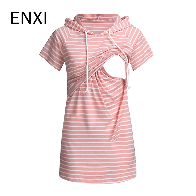 

ENXI Stripe Hood Pregnancy Shirt Embarazada Nursing Top Short Sleeve Breastfeeding Clothes Premium Maternity Clothes