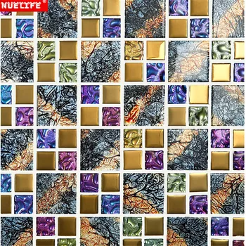 

Nuelife European color mosaic glass waist line mirror TV background wall tile ceramic material fireproof waterproof wall sticker