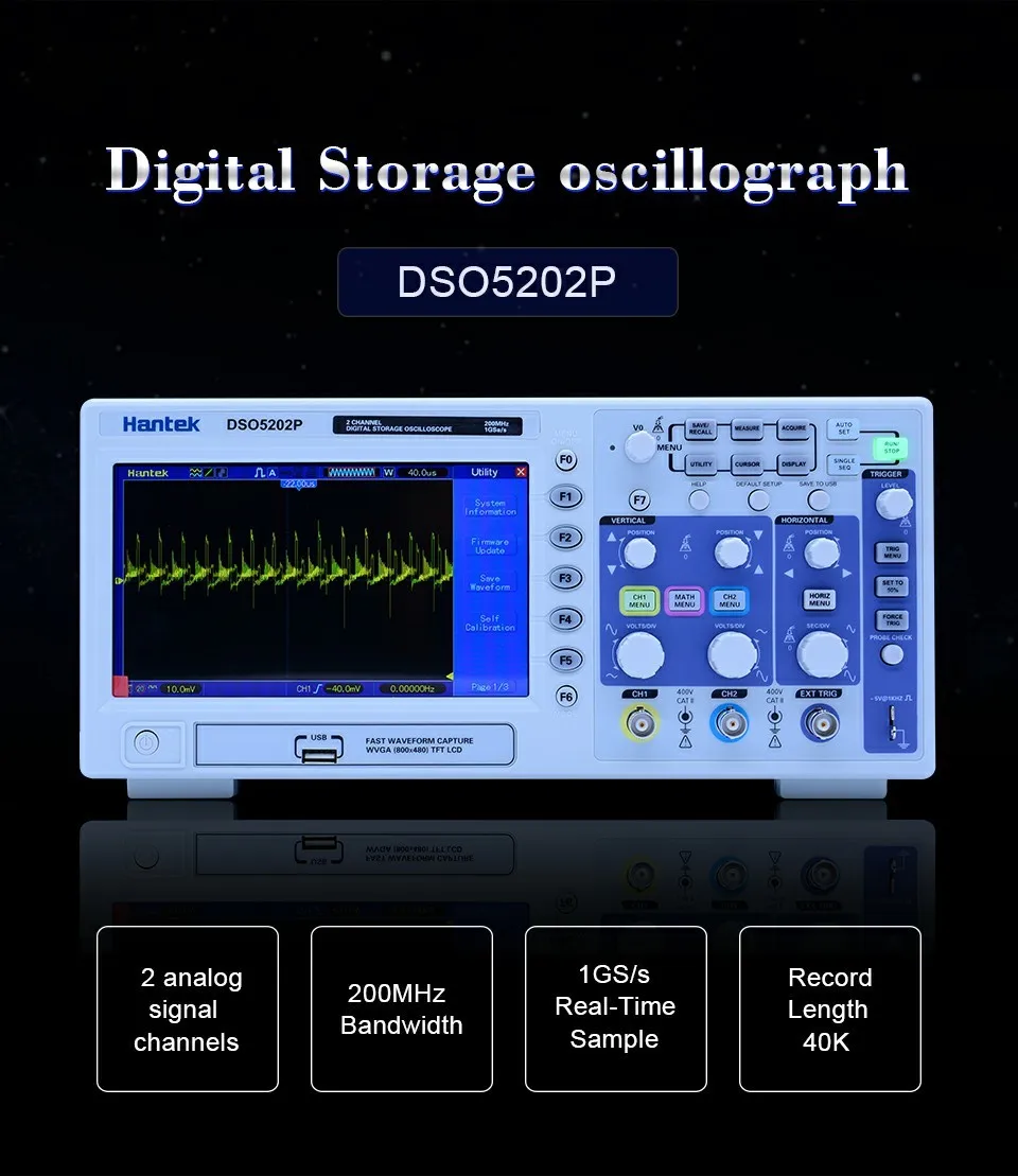 Hantek DSO5202P цифровой осциллограф 200 МГц 2 канала 1GSa/s " TFT ЖК-дисплей запись Длина 40 К USB AC110-220V рабочего стола osciloscope