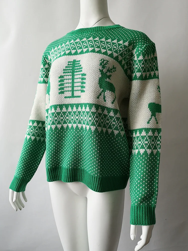 Рождественский свитер, осенний и зимний жаккардовый свитер со снежинками и лосем, женский свитер с длинным рукавом и круглым вырезом