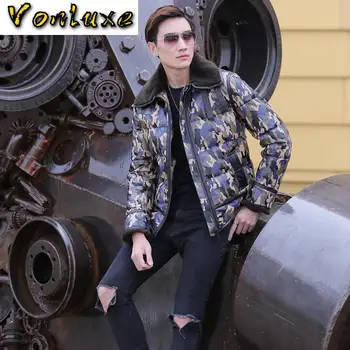 GĂŒnstige Echtem Leder Jacke Mantel MĂ€nner Casual Echt Schaffell Kaninchen Fell Kragen Camouflage Winter Warm Dicken Bomber MĂ€nnlichen Parka Plus GröĂe