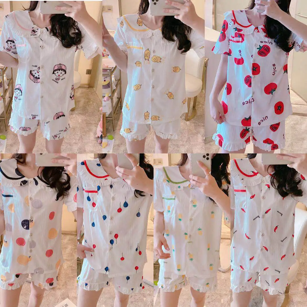 

Pajamas Women's Viscose Short Sleeve Korean-style Tracksuit Summer Thin Section Net Red Pajamas Model Silk Two-Piece Set