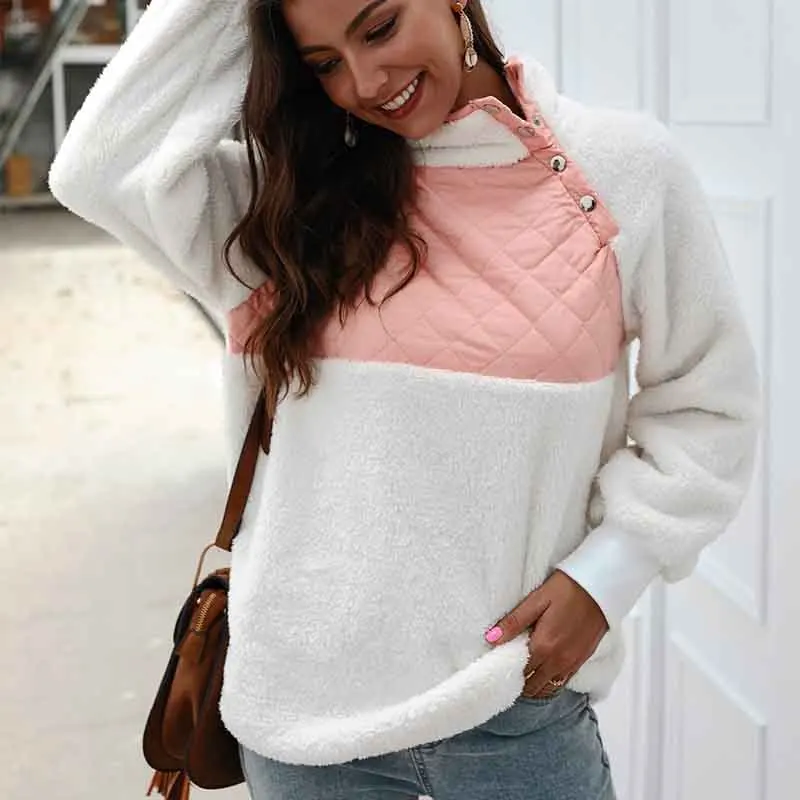 

Kimuise Patchwork Hoodies Sweatshirts Plush Turtleneck Autumn Winter Hoodie Casual Loose Women's Sweatshirt