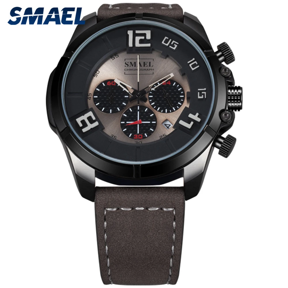 

SMAEL Casual Men's Watches Waterproof Analog Chronograph Quartz Wristwatch Male Date Display Sport Watch Men Leather Strap 9075