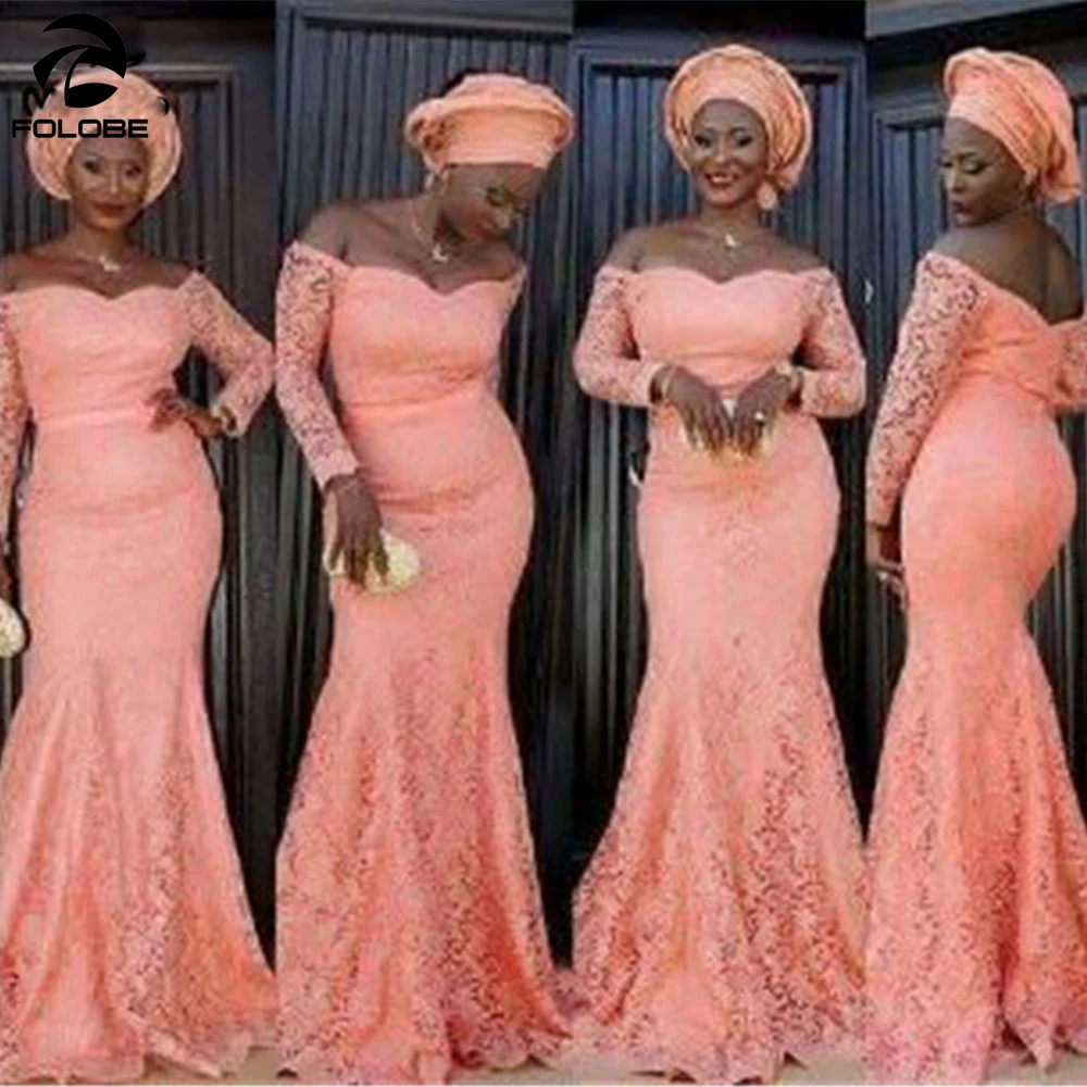 Peach Lace Mermaid Bridesmaid Dresses 2020 African Formal Party Dress for Wedding Floor Length