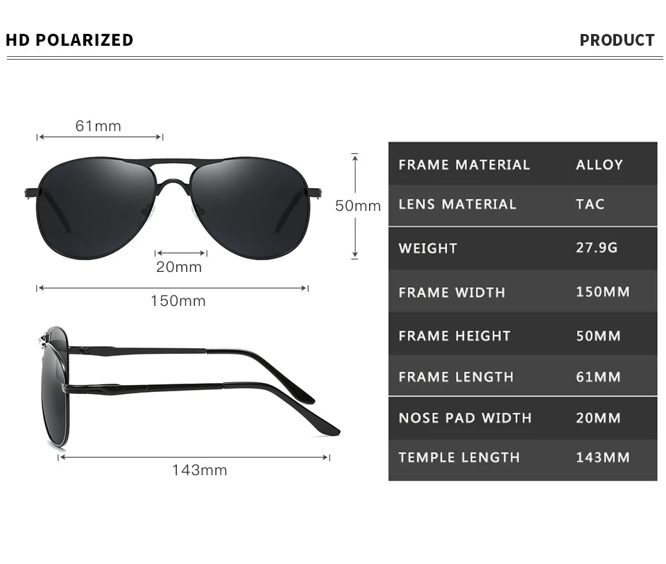 Gafas de sol polarizadas para hombre y mujer, lentes de sol polarizadas para piloto de conducción, Vintage, de diseñador de marca, negras, UV400