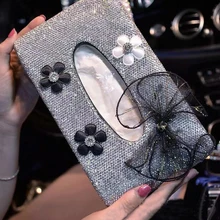 Блестящий Кристалл ромашки Луки автомобиля подлокотник спинки сиденья тканевая коробка кожа авто бумажная коробка держатель Чехол съемная коробка для бумажных салфеток D