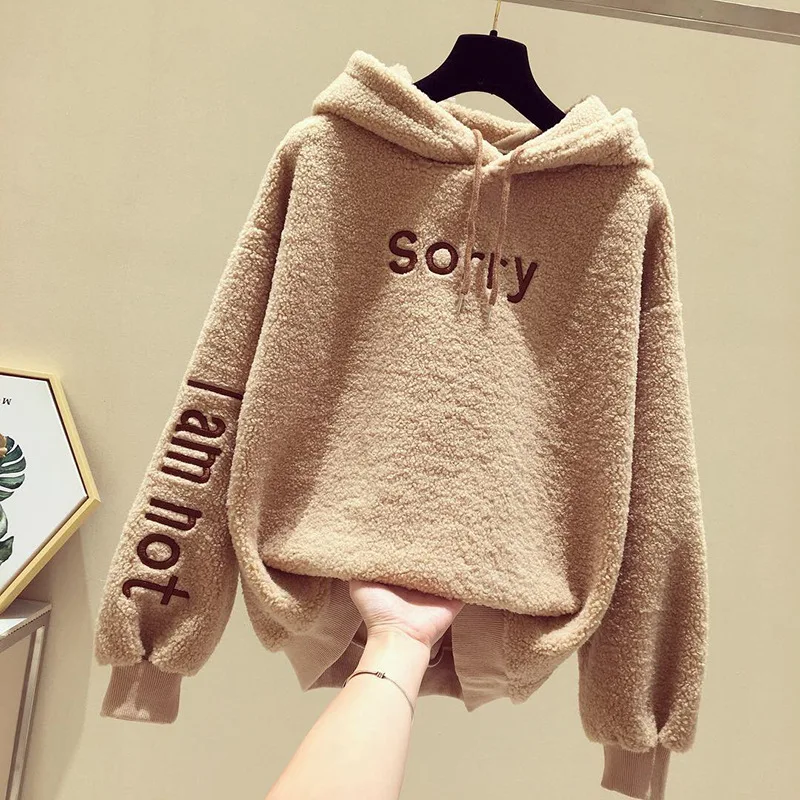 

Women's Autumn Winter Hoodie Cashmere Padded Loose Hoodie Letters Warm Fashion Women's Hoodie Streetwear Harajuku Hoodies Women