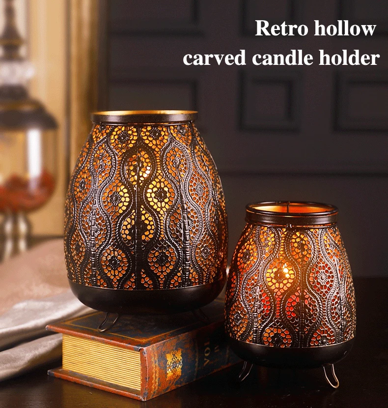 Retro Hollow Carved Lantern Iron Candle Holder