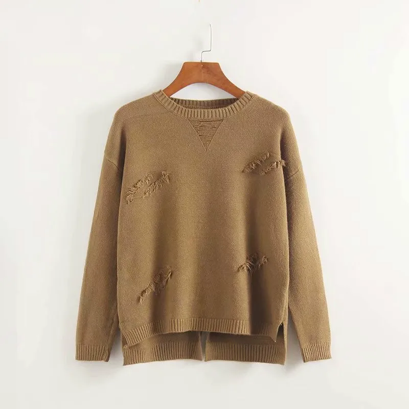 Casaco Feminino Women Sweaters Long Sleeve Khaki Knitted Jumpers and Pullovers Oneck Back Split Korean Fall Knit Sweaters
