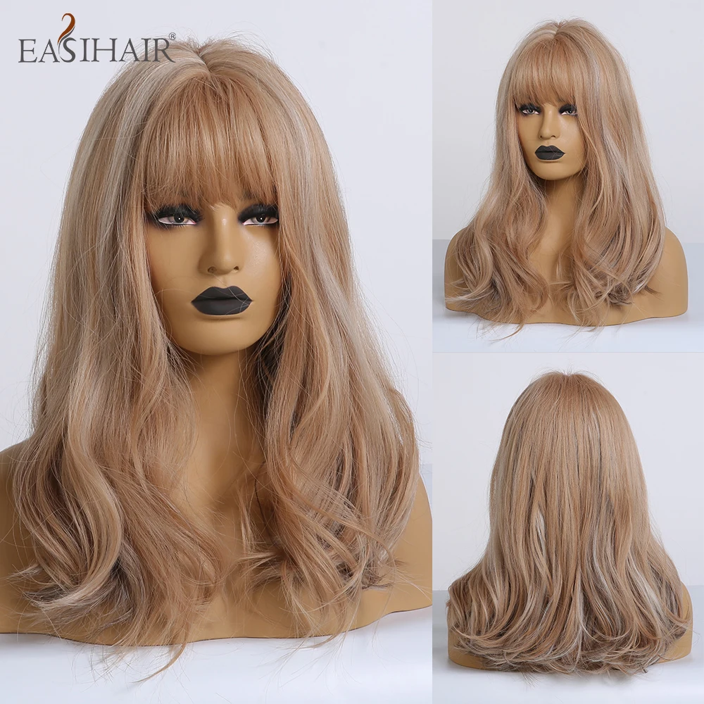 

EASIHAIR Brown Medium Length Wave Wigs with Bangs Synthetic Wigs for Women Highlights High Density Heat Resistant Cosplay Wigs