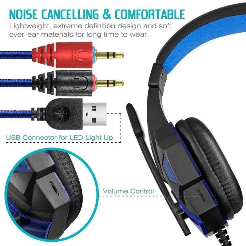 Gaming Headphone Over Ear Gaming Headset with Mic and LED Light 3 5mm plugs for Computer Laptop Cellphone PS4