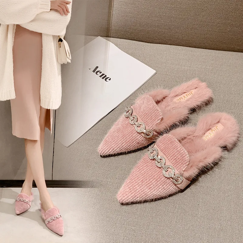 

Glitter crystal chains mules shoes woman rabbit hair fur slippers velvet plush solid flats flip flops pointed toe outwear slides