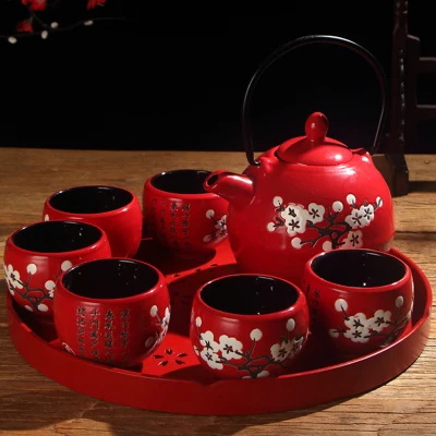Керамический сливовый чайный набор, креативный красный чайный горшок, китайский стиль, свадебный подарок, чайная посуда с приданым, холодная бутылка для воды, кунг-фу, черный чайный набор - Цвет: H
