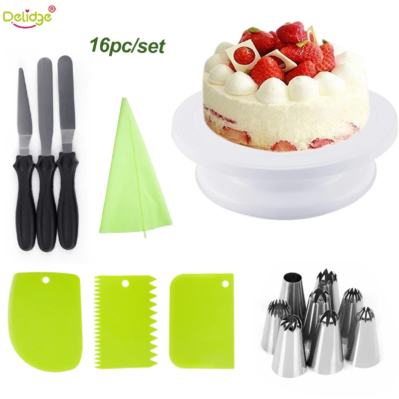 

Delidge16pc Cake Decorating Tools Kit Cake Turntable Pastry Spatulas Nozzle For Cream Tube Kitchen Baking Fondant Cake Stand