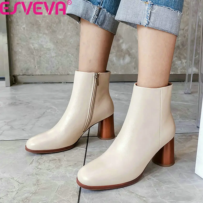 

ESVEVA 2020 Women Ankle Boots Quality Cow Leather Round Toe Short Boots Autumn Winter Square Heel Zipper Women Shoes Size 34-39