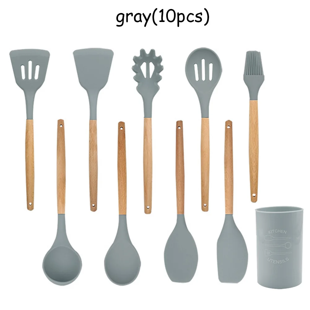 Силиконовые кухонные принадлежности набор жаростойких кухонных принадлежностей с антипригарным покрытием инструменты для выпечки с ящиком для хранения - Цвет: gray 10PCS