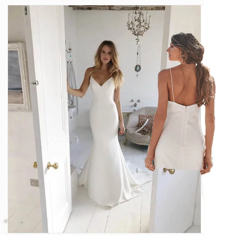 Vestidos De Novia Mermaid Beach Wedding Dress 2020 Sexy Outdoor Country Spaghetti Straps Bride Dress White Ivory Wedding Gown (2)