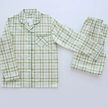

Fresh Ladies Cotton Plaid Double-layer Gauze Long-sleeved Trousers Pajamas Set Spring and Autumn Cotton Pajamas Women Sleepwear