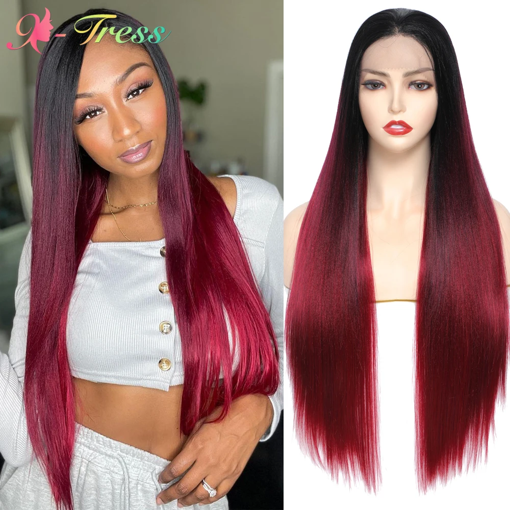 X-TRESS Red Wig Synthetic Lace Front Wigs Ombre Free Part Lace Wig with Baby Hair for Black Women Long Straight Red Wine Hair