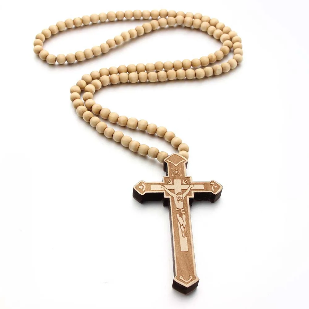 New Boy Large Wood Catholic Jesus Cross With Wooden Bead Carved Rosary Pendant Long Collier Statement Necklace Men Jewelry