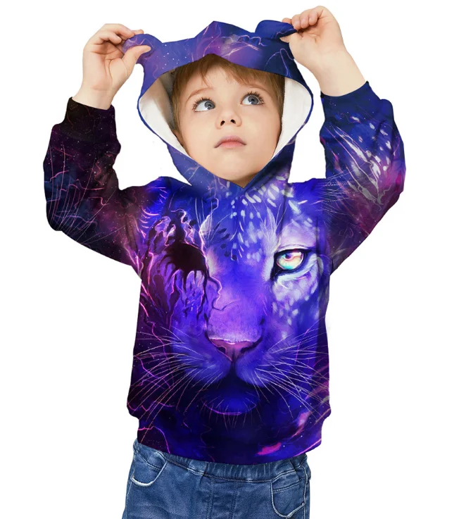 Толстовки для мальчиков и девочек с 3D принтом волка и ушками; Осенняя верхняя одежда для подростков; свитер с капюшоном; детская одежда; пуловер с длинными рукавами; топы