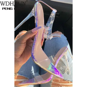 

PVC 11.5 Cm Transparent Women Sandals Super Thin High Heels Pointed Toe Buckle Strap Pumps PU Wedding Party Colorful Size 35-42