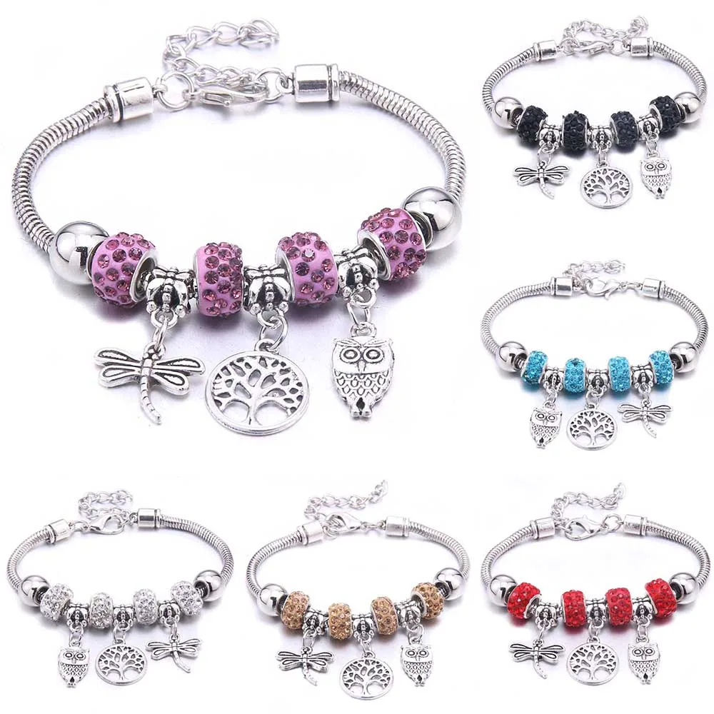 Bracelets à breloques en cristal en forme de hibou libellule pour femme, perles de bricolage, bracelets de marque, cadeau de bijoux, livraison directe