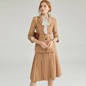 

Luxury Design Chic Lady Russian Women Formal Twin Sets Blazer Pleated A-line Skirt Solid Khaki OL Outfits Slim Quality Suits