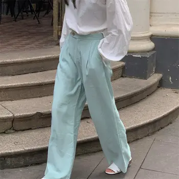 

HziriP Peppermint Green Wide Leg Trousers Leisure 2020 Streetwear Chic Straight Large Size Casual Solid Loose High Quality Pants