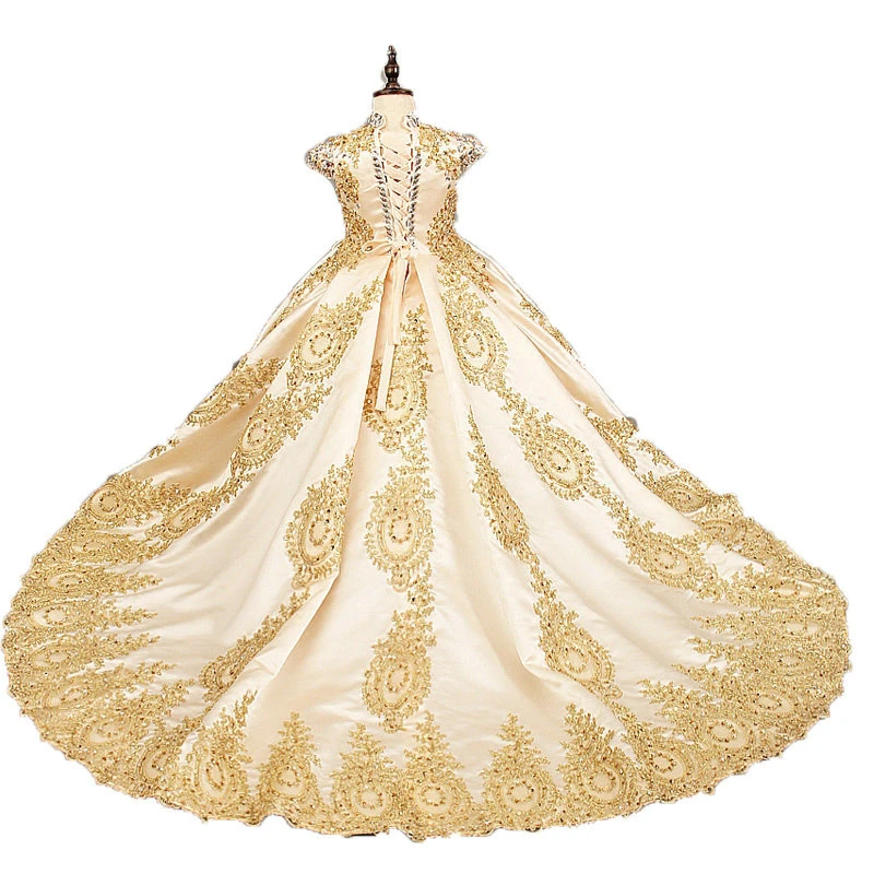 Роскошные золотые Платья с цветочным узором для девочек на свадьбу; Детские вечерние длинные Бальные платья с бисером; пышные платья со шлейфом для маленьких девочек
