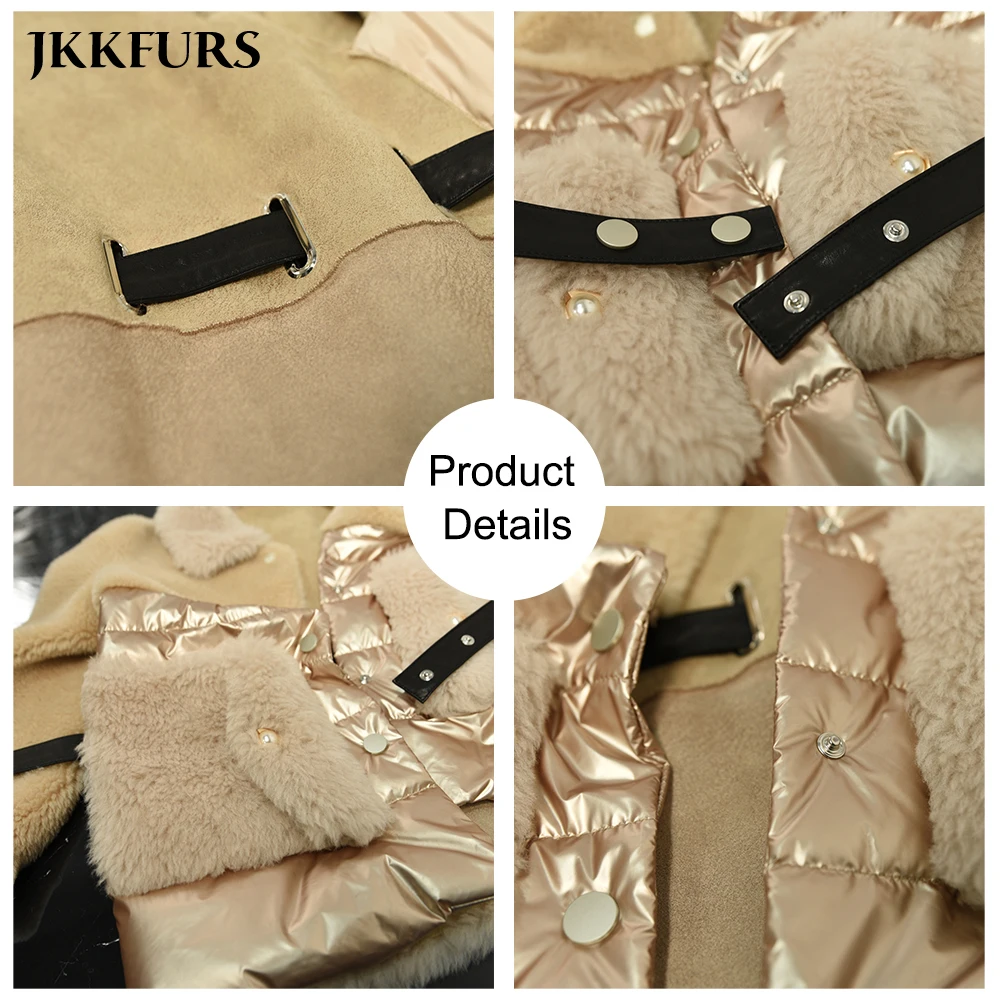 New Women's Real Wool Coat White Duck Down Padded Jacket Zipper Pockets Granular Fur Down Outerwear S7580
