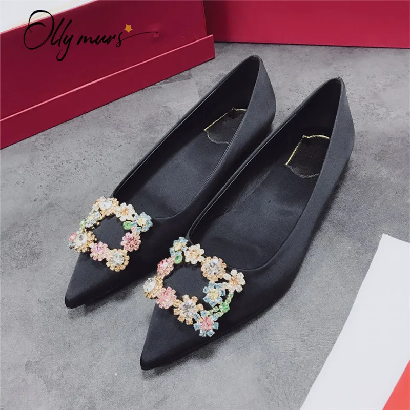 

OllyMurs Fashion Style Spring Summer Women Flat Shoes Pointed Toe Slip On Shallow Mouth Black Real Silk Women Flats Shoes Woman