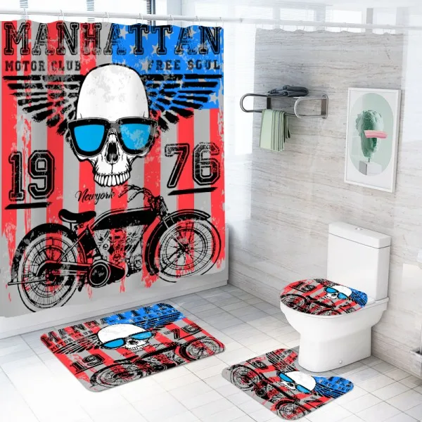 Мотоцикл Череп наборы занавесок для душа 4 шт. Набор ковриков для ванной с ванной коврики для туалета покрытие напольный коврик, водонепроницаемый занавес для ванной комнаты s - Цвет: color-2