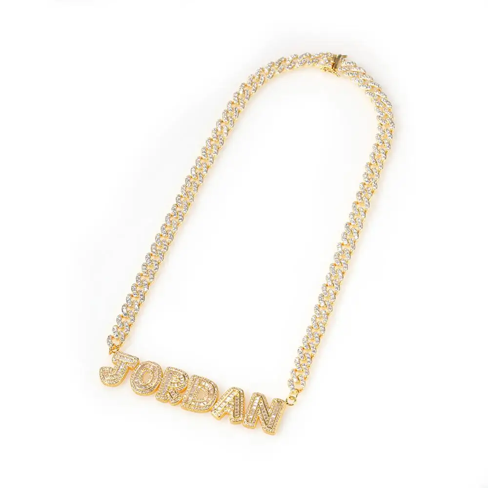 TBTK DIY Small Baguettecz Letter Pendant Necklace  With 9MM Cuban Chain Necklaces Zirconia For Women And Men Jewelry