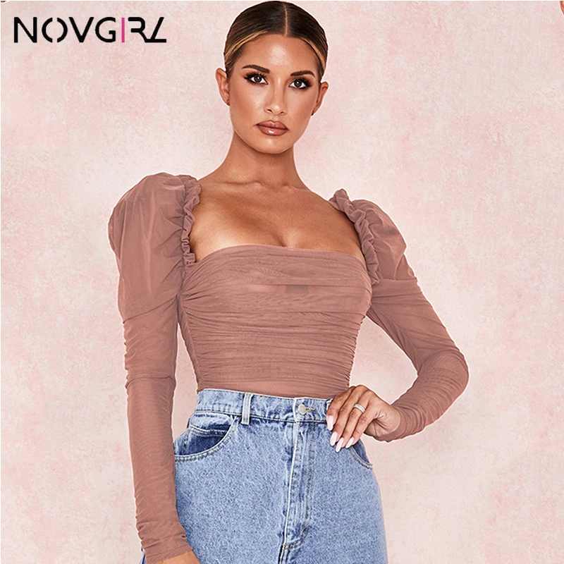 Novgirl сетчатый прозрачный для стройных сексуальное боди для женщин квадратный вырез длинный рукав открытая спина короткий комбинезон широкие брюки для клуба, вечеринок