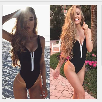

2020 Zipper Low Chest Swimwear One Piece Swimsuit Women Backless Solid Color Swimsuit Bodysuit Beach Bathing Suit Swim